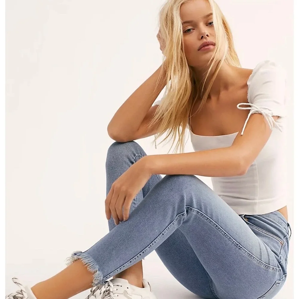 Free People Women Skinny Jeans 25 Blue Raw Hem High Rise Stretch Y2K Indie Denim